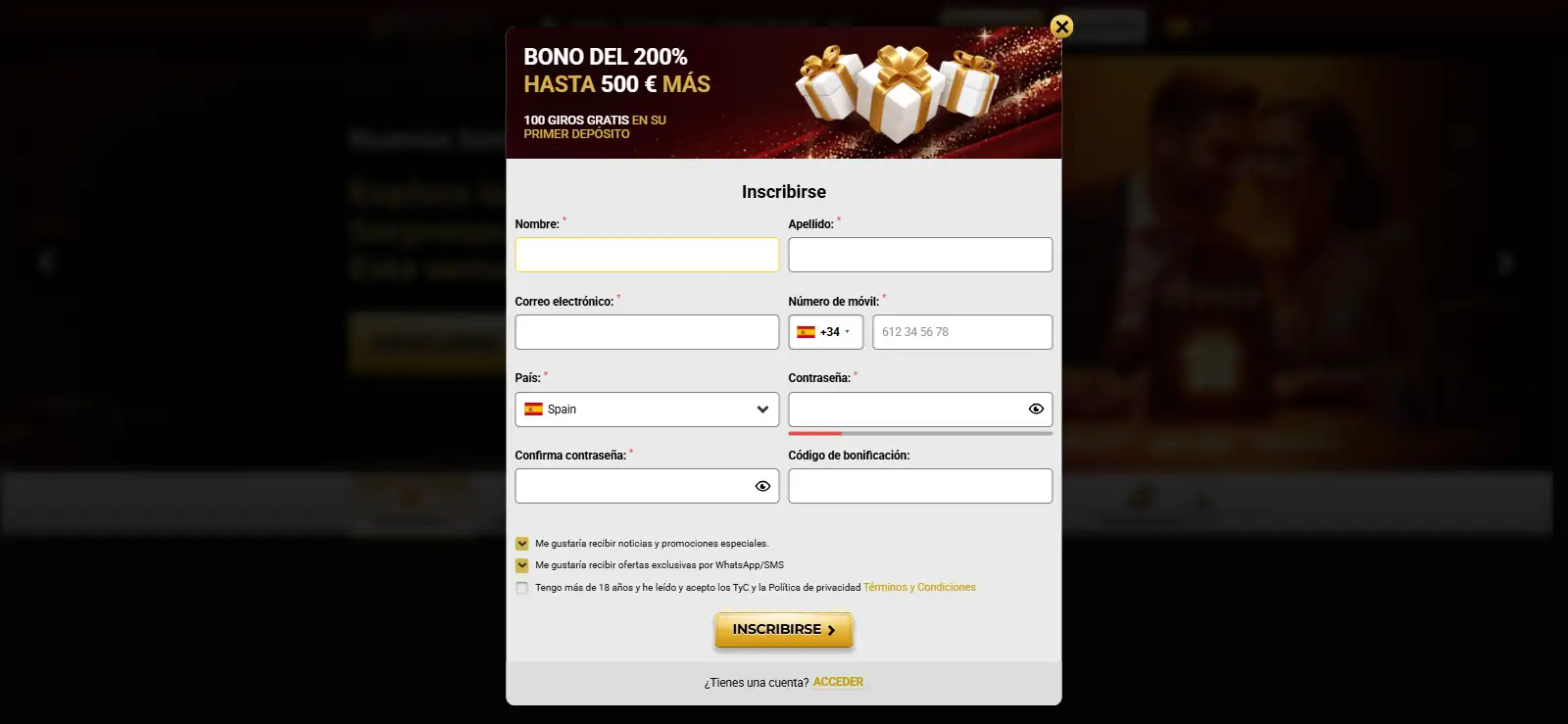 Referencia visual del área de cuenta y verificación de Unique Casino
