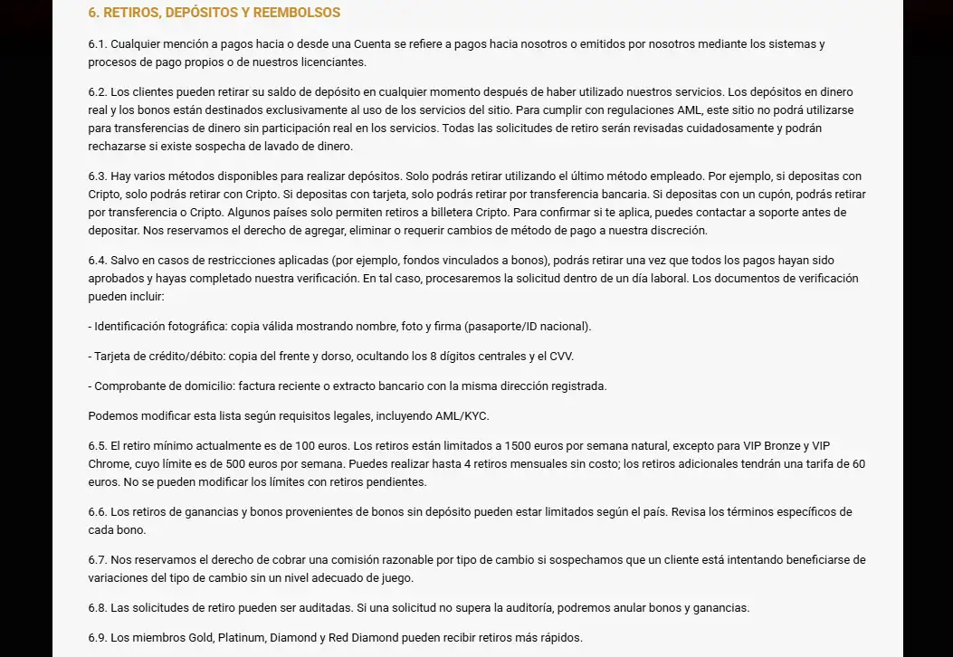 Área real de retiradas de Unique Casino