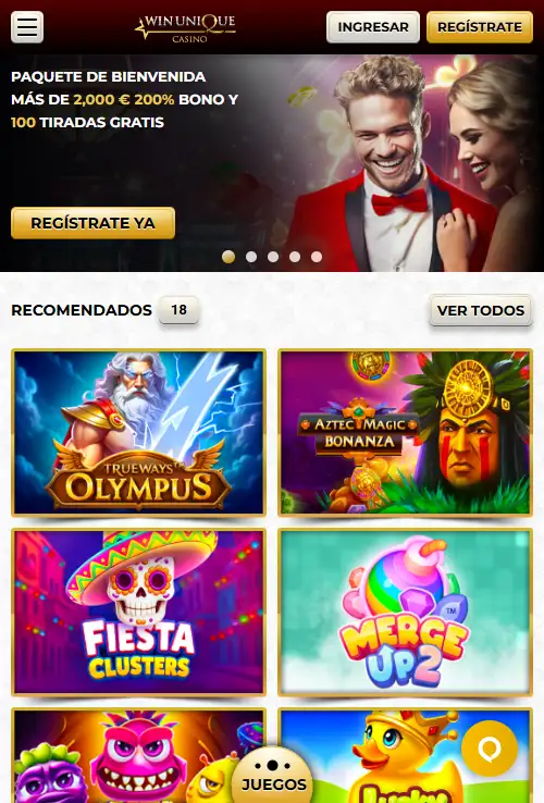 Unique Casino abierto en un navegador móvil