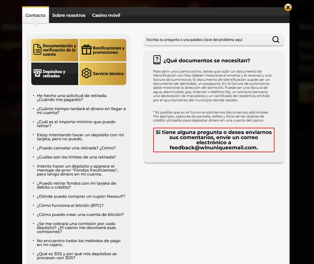 Cajero o área de depósitos de Unique Casino