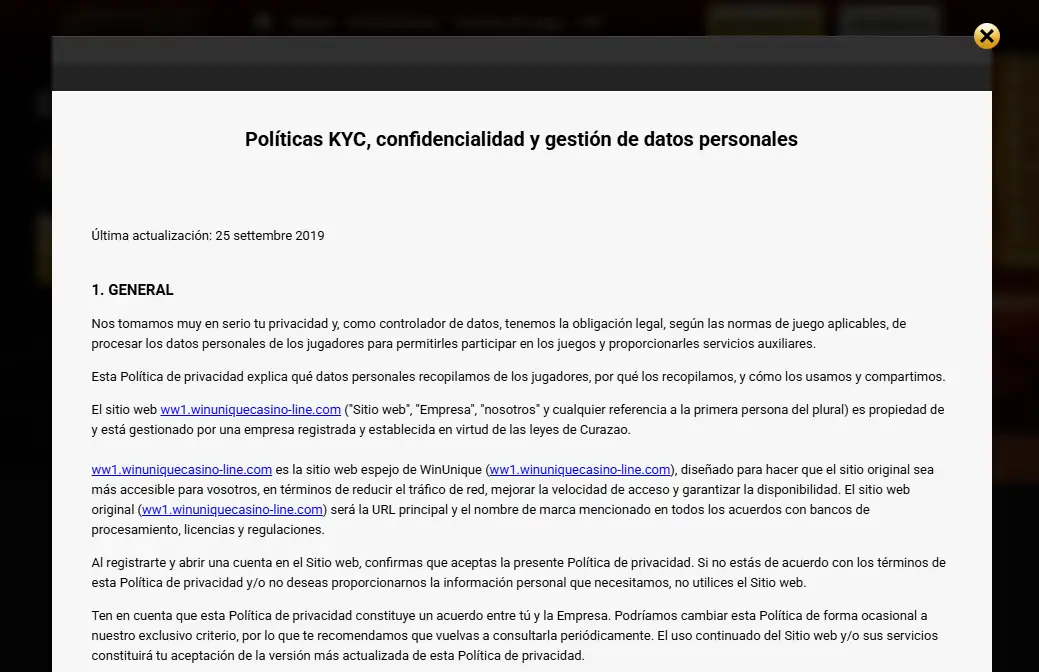 Referencia visual del área de cuenta y verificación de Unique Casino