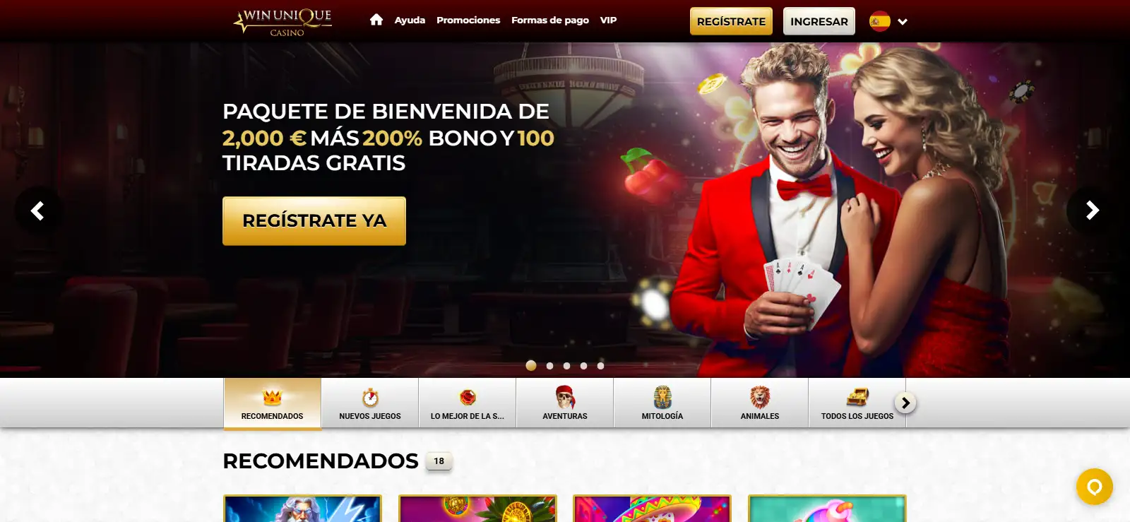 Interfaz principal de Unique Casino en español